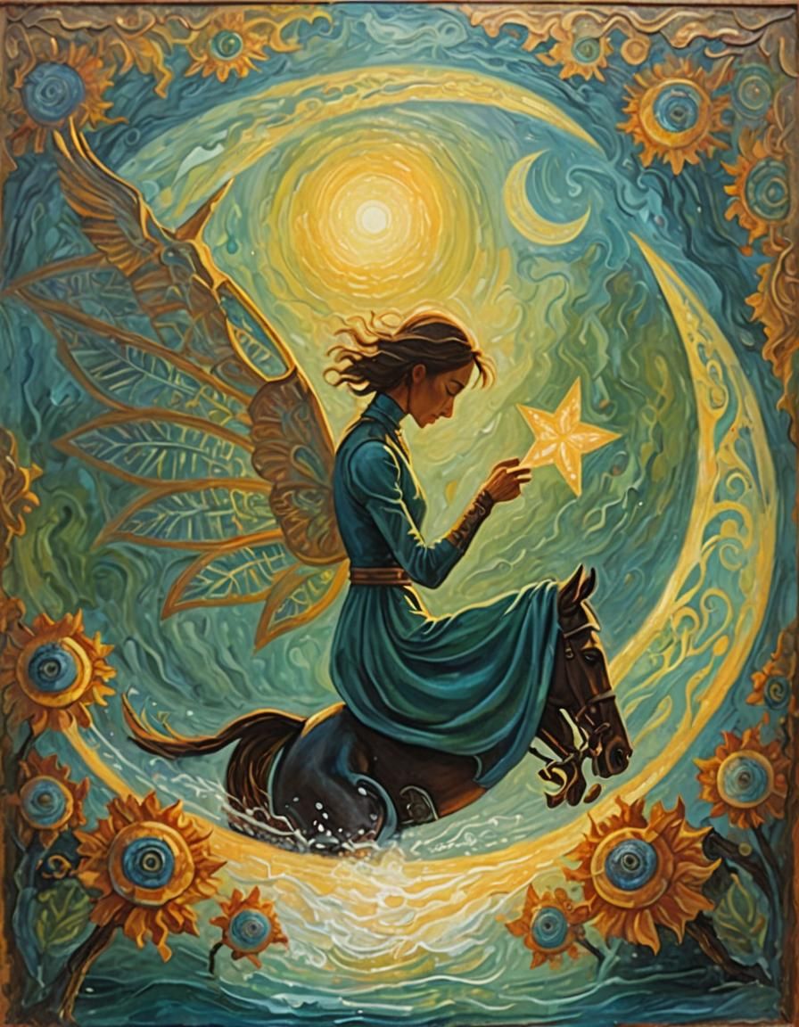 Horse Rider Jumps Mystical River: Retro Oil Painting