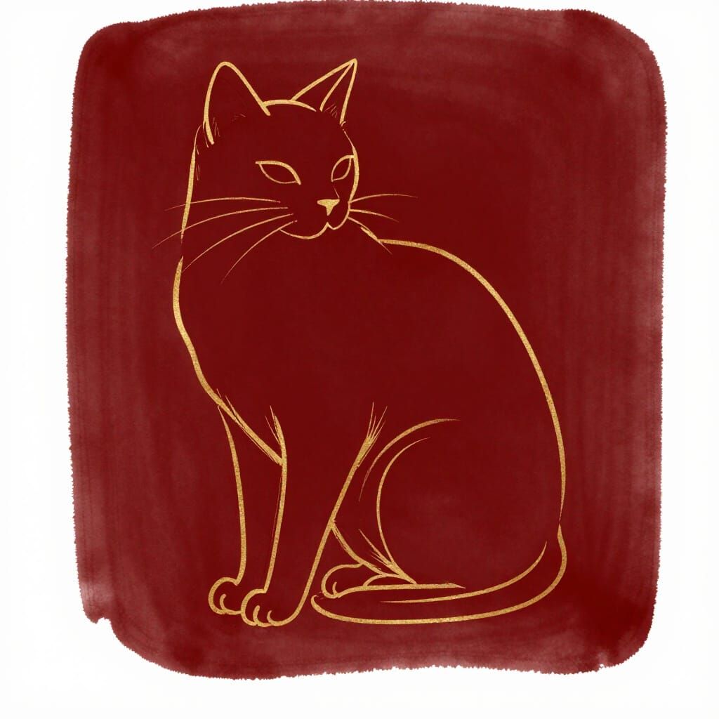 Minimalist Golden Cat Ink Sketch on Red