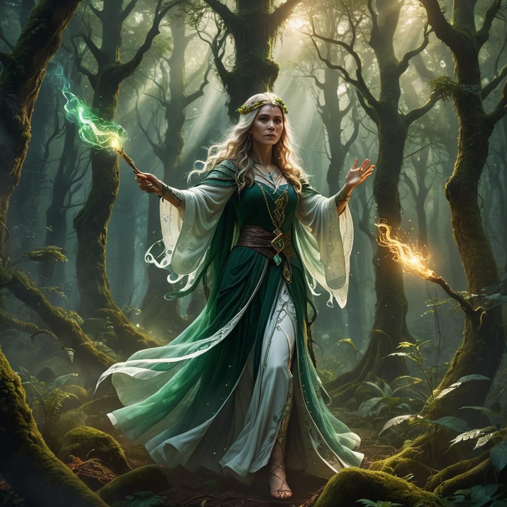 Mystical Sorceress Conjuring Magic in Emerald Forest