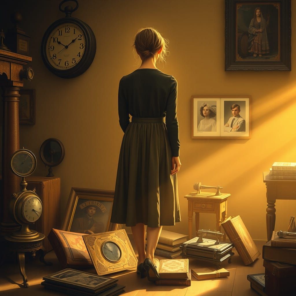 A Woman Surrounded by Forgotten Memories in a Golden Glow
