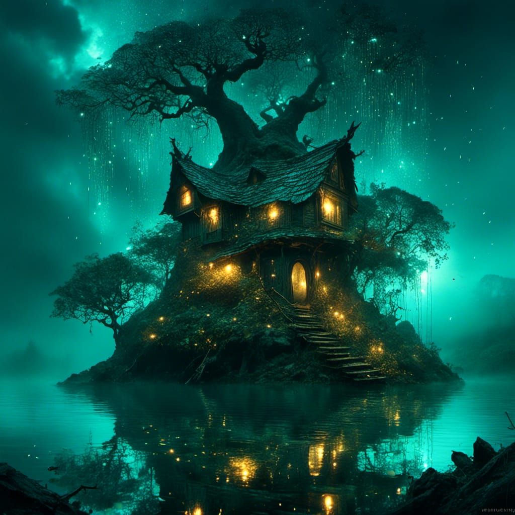 Dreamy Lakeside Witch's Hut in Magical Realism