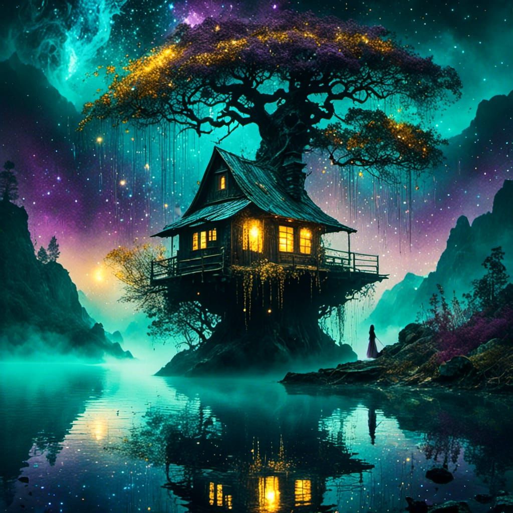Magical Realism: Witch's Lakeside Hut in Rain