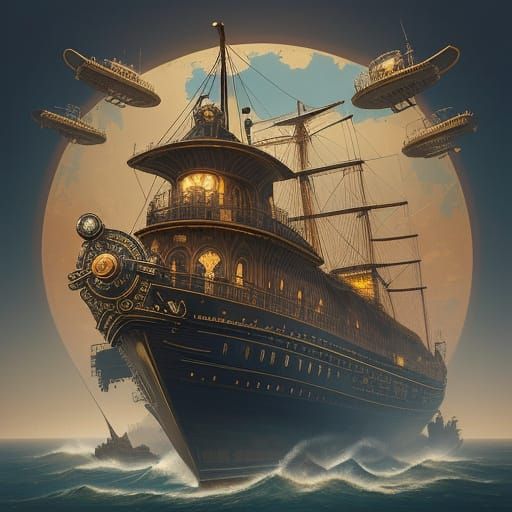 Steampunk Newfoundland Zeppelin Over Victorian City