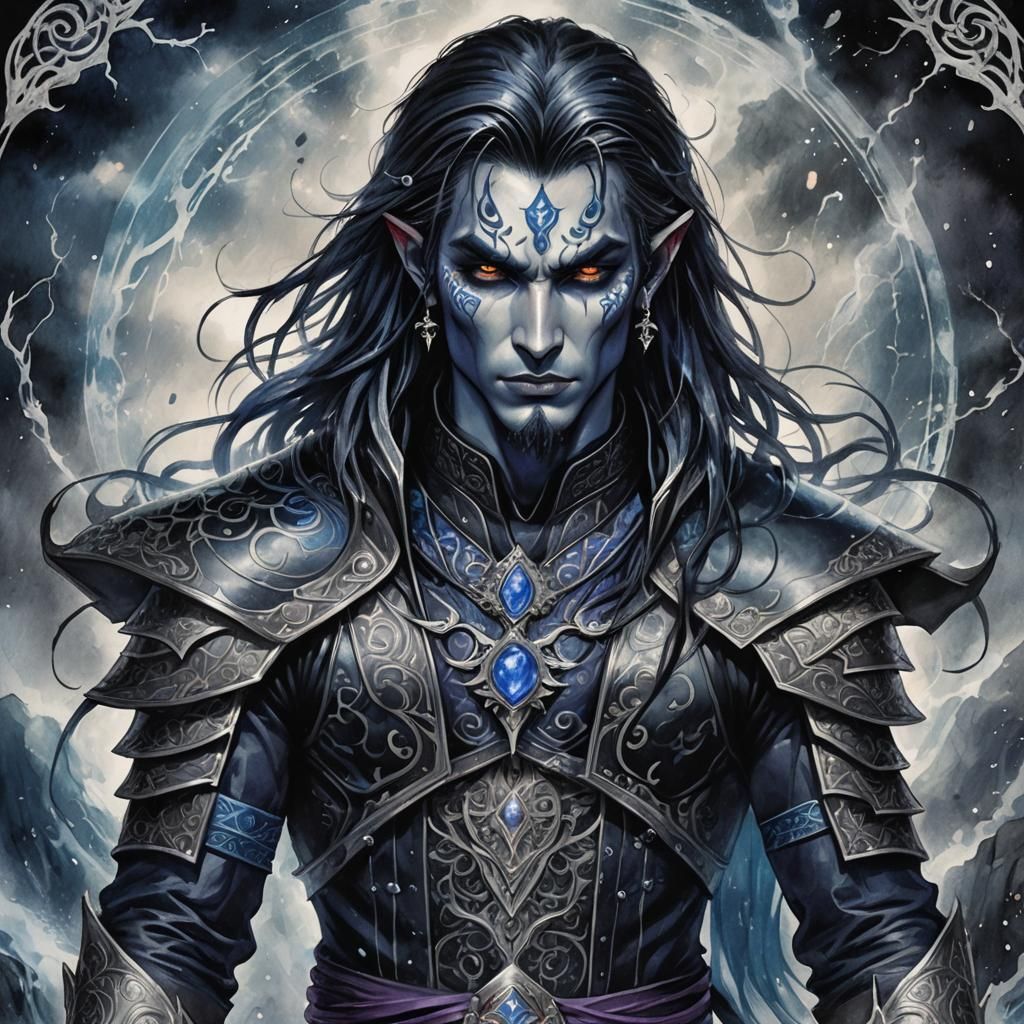 Drow Warlock with Cobalt Skin in Neopop Anime Style