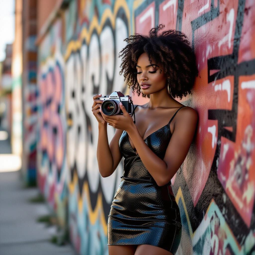 Black Woman Photographs Graffiti Wall with Olympus PEN