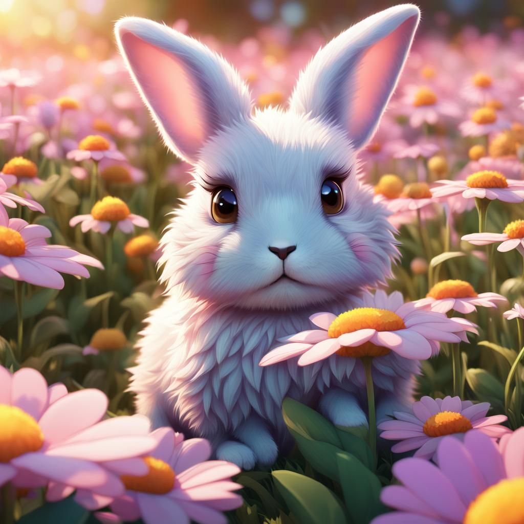 Cute Anime Bunny in Flower Field: 3D Art
