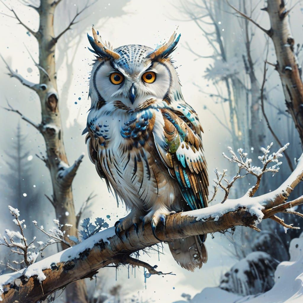 Whimsical Watercolour Owl in Snowy Winter Wonderland