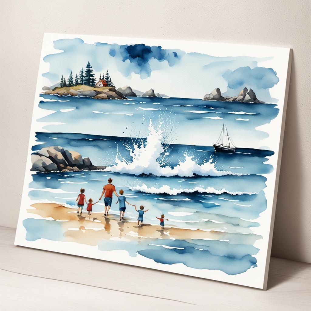 Family on Coastal Beach in Watercolor Style