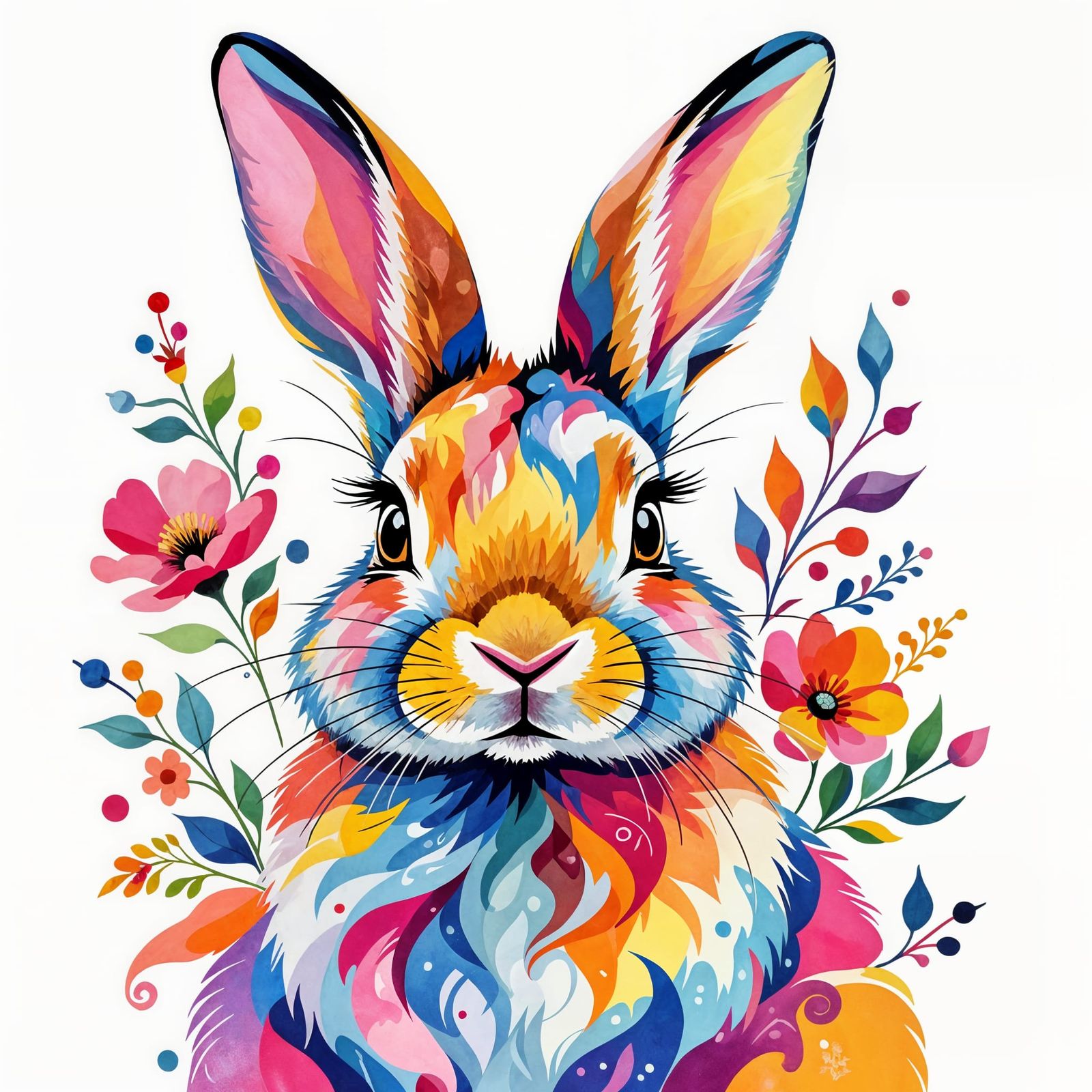 Vibrant Watercolor Rabbit with Floral Motifs