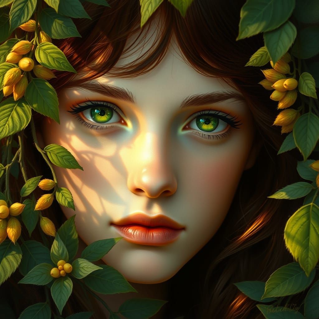 Ethereal Green-Eyed Portrait in a Whimsical Garden
