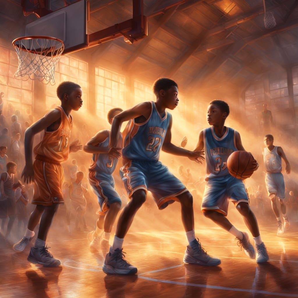 Boys Play Basketball in Ethereal Golden Light