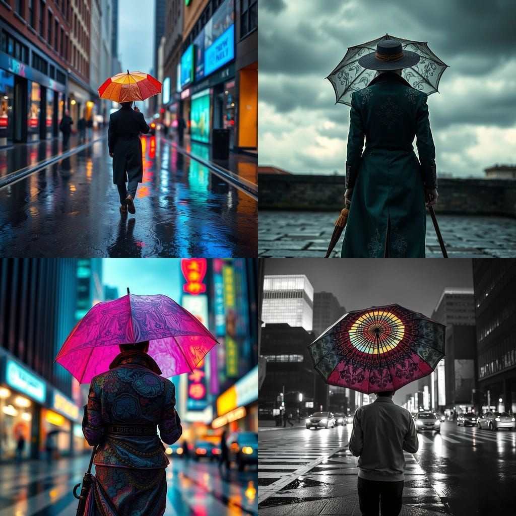 Mysterious Umbrella Walker in Vibrant Rainbowcore Style