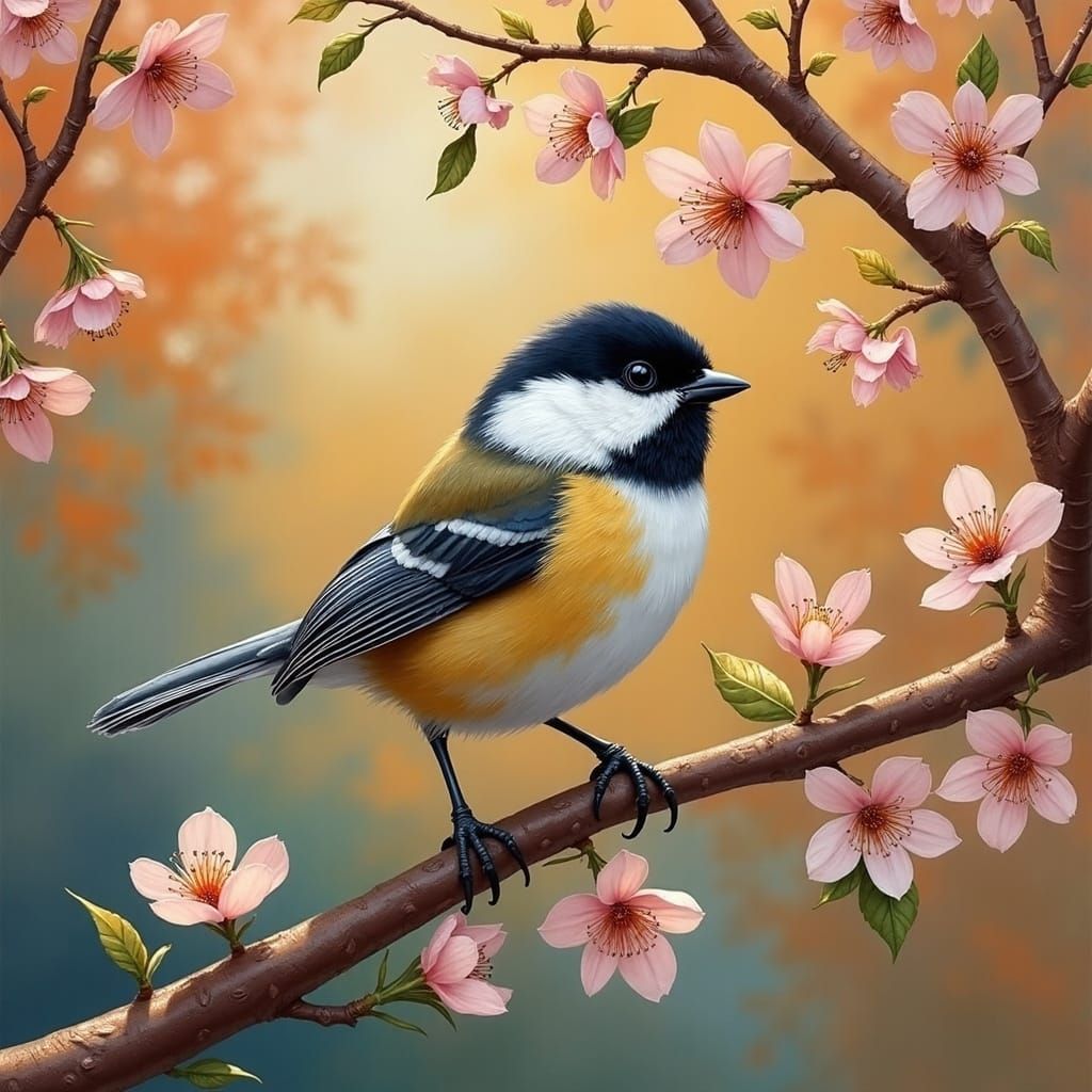 Chickadee in Appletree: Whimsical Painting with Triadic Colo...
