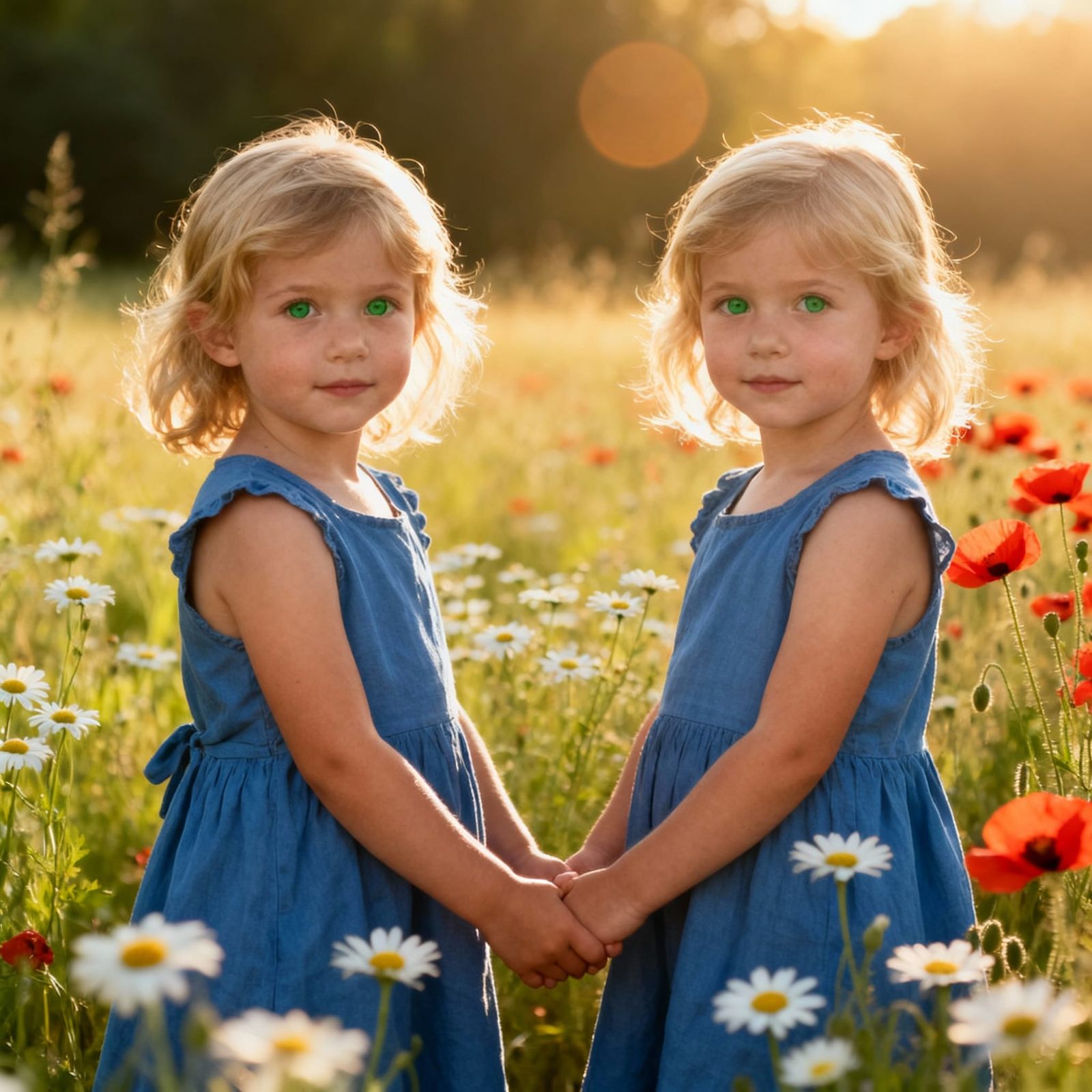 Twin Sisters in Sunny Meadow Holding Hands