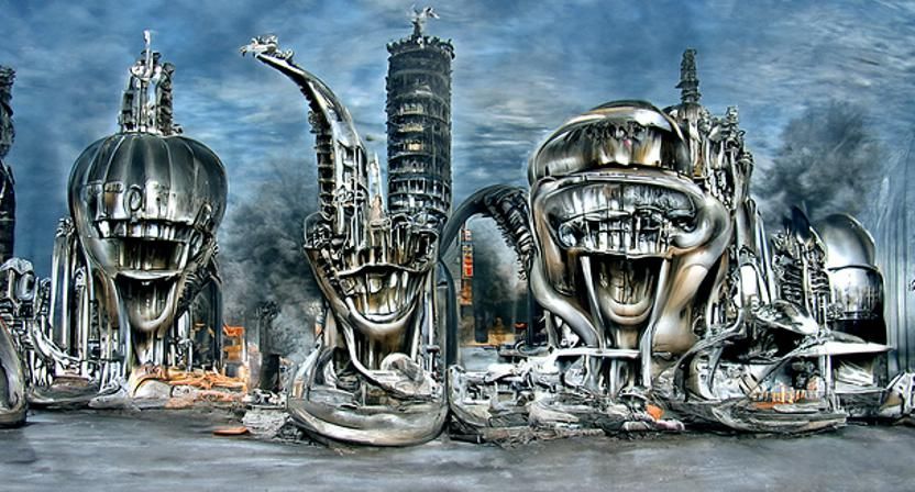 Mechanical Giants in Burning City: H.R. Giger Hyperrealism