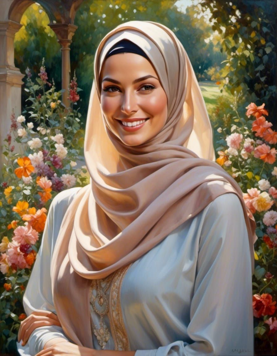 Elegant Hijabi Woman Portrait in Oil Painting Style