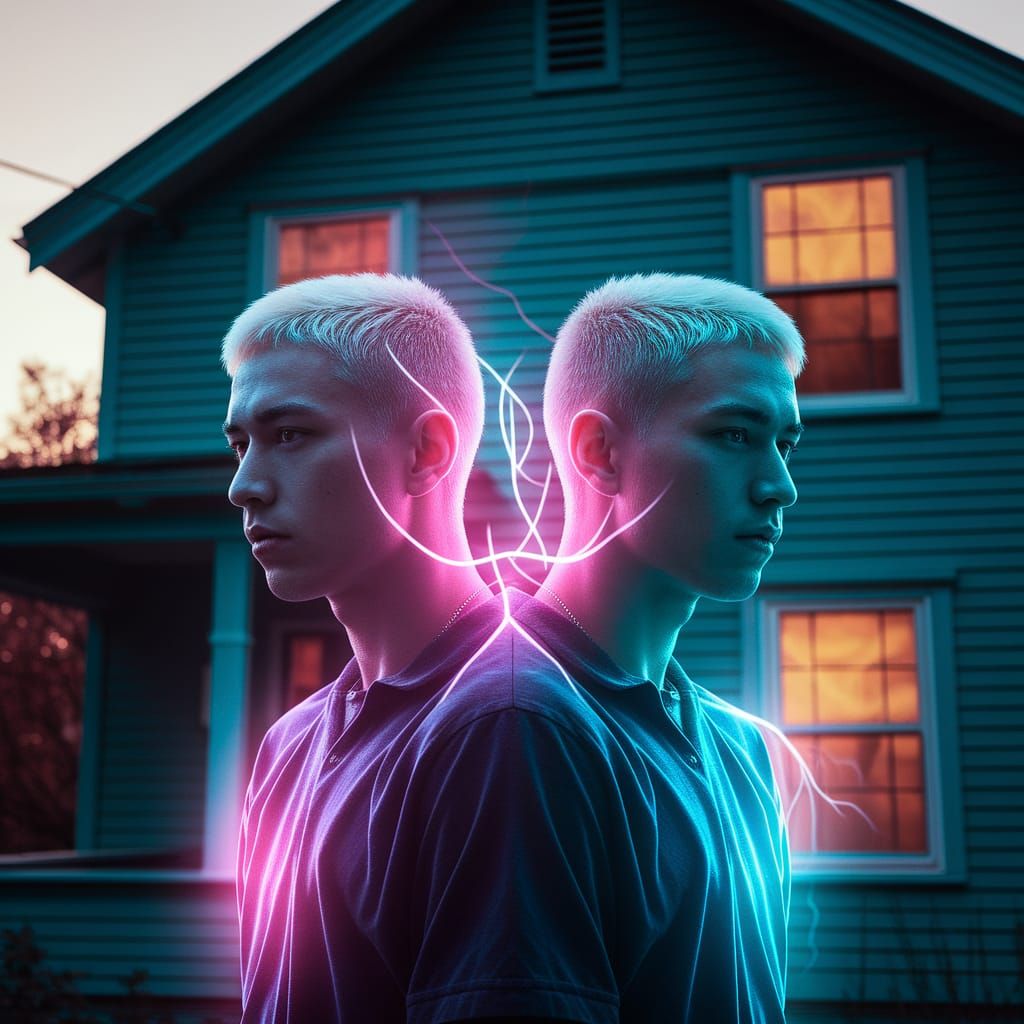 Cyberpunk Double Exposure Portrait of a Young Man