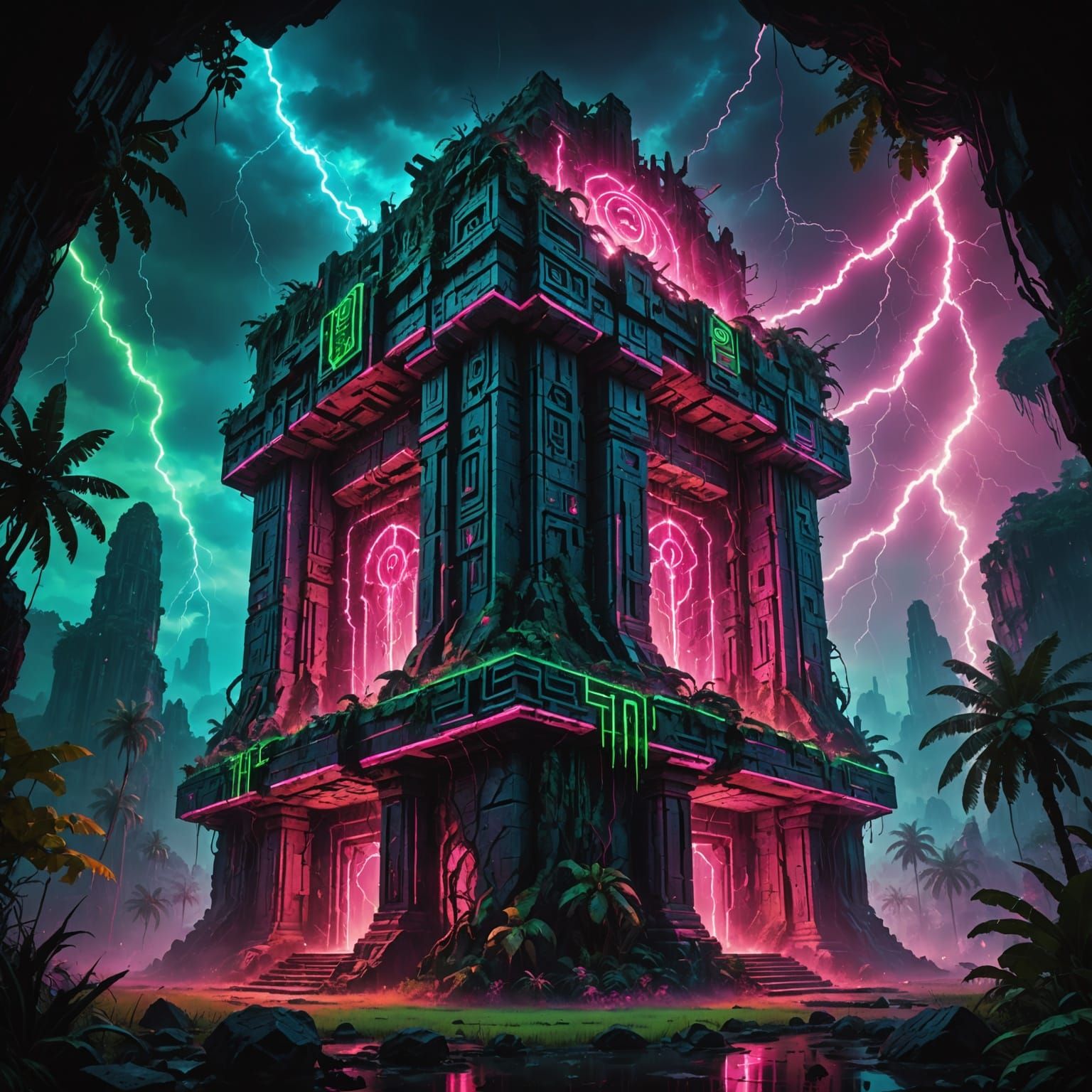 Alien Structure Above Jungle Ruins with Ethereal Glow
