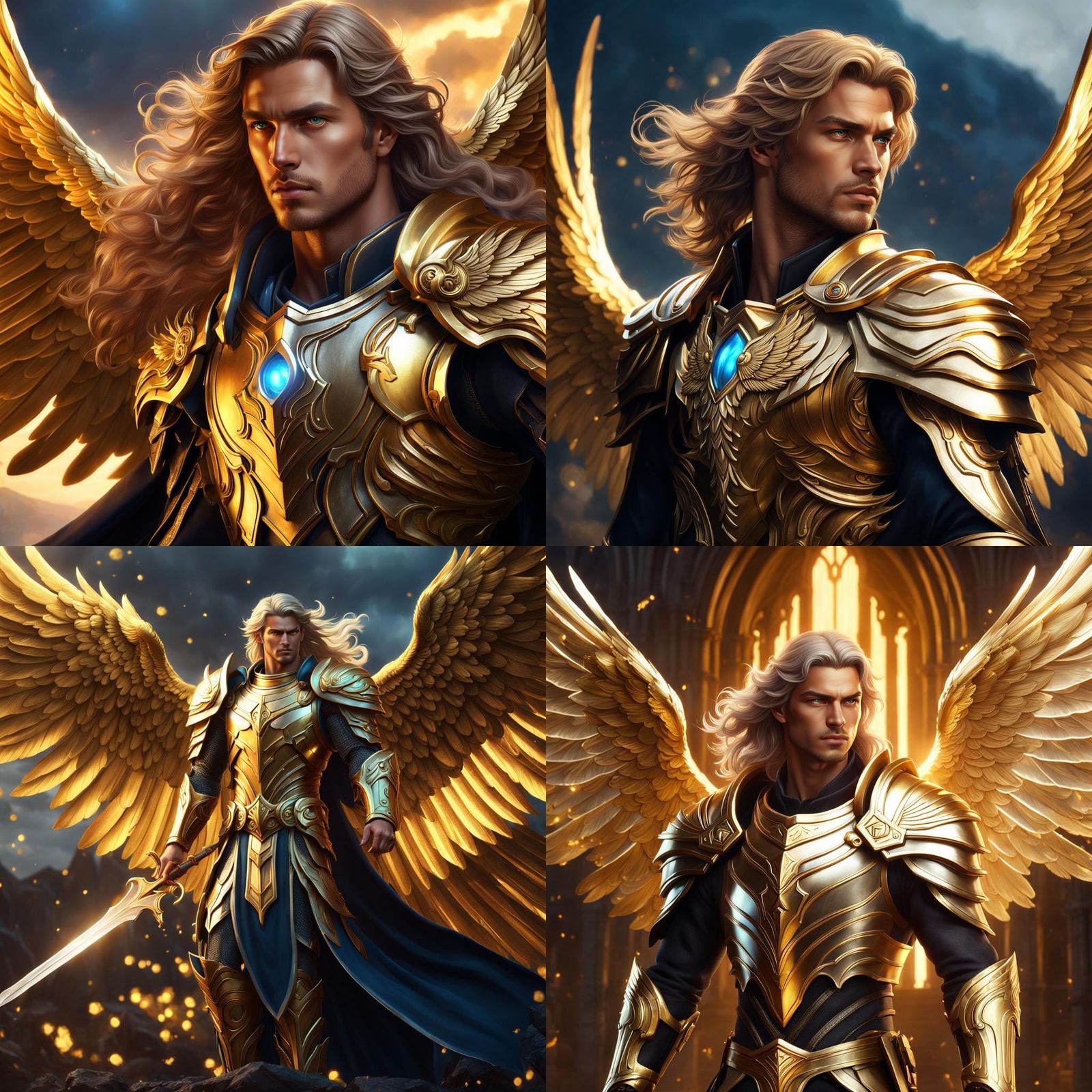 Golden Angel Paladin with Wings, Detailed Fantasy Art