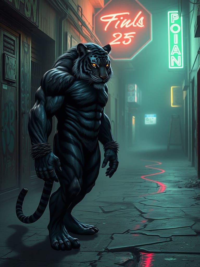 Cyberpunk Tigerman in Abandoned Alley