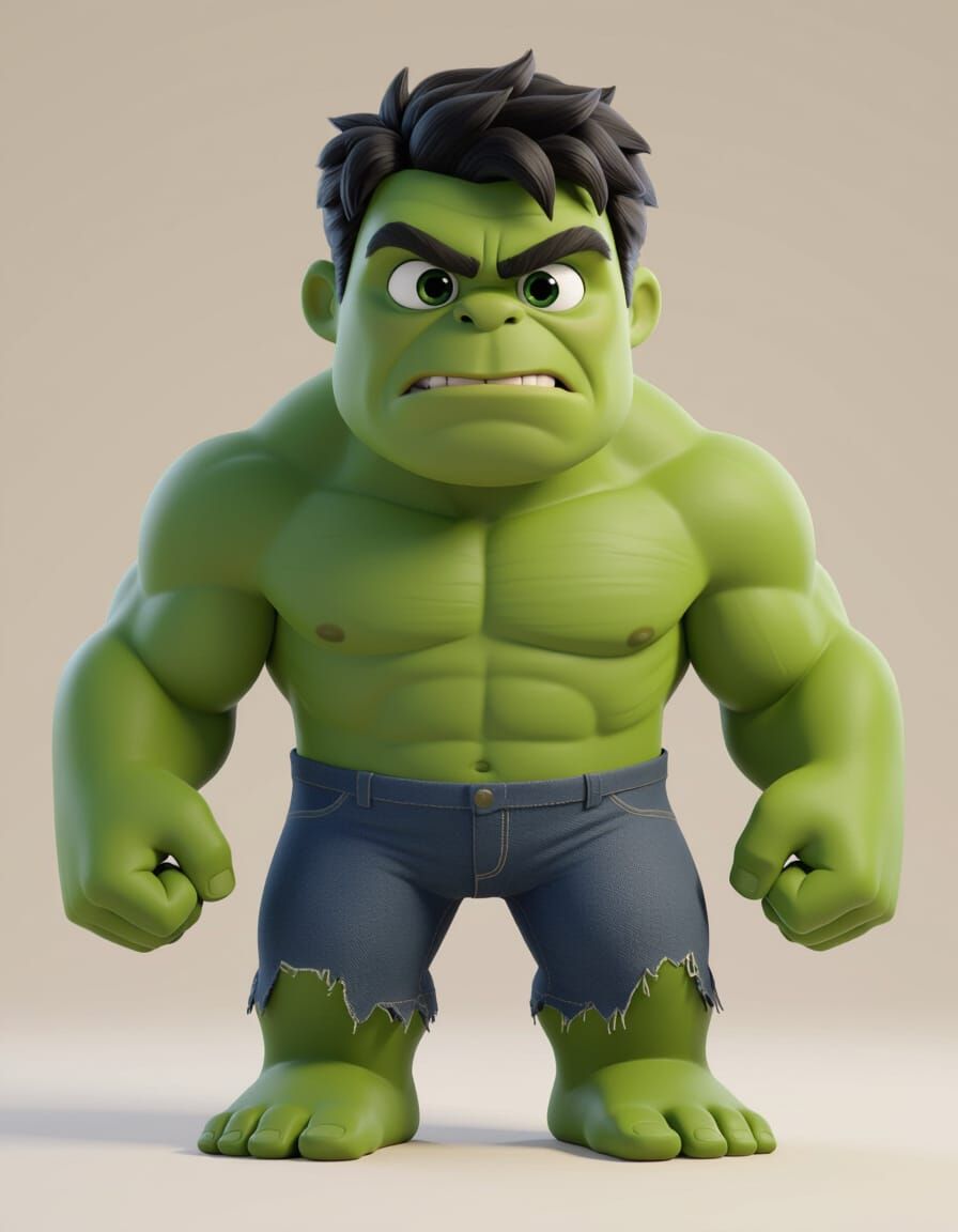 Pixar-inspired full-body stylized 3D character of The Hulk with an oversized head and expressive facial features, large ...