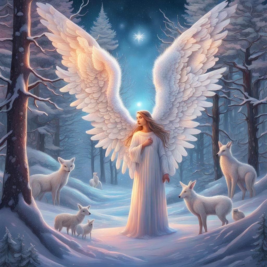 Angelic Winter Forest at Sunset in Cosmic Style