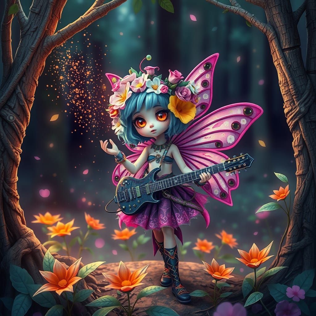 Enchanted Punk Fairy in Whimsical Forest Landscape