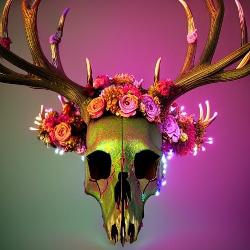 Detailed Deer Skull with Floral Antlers