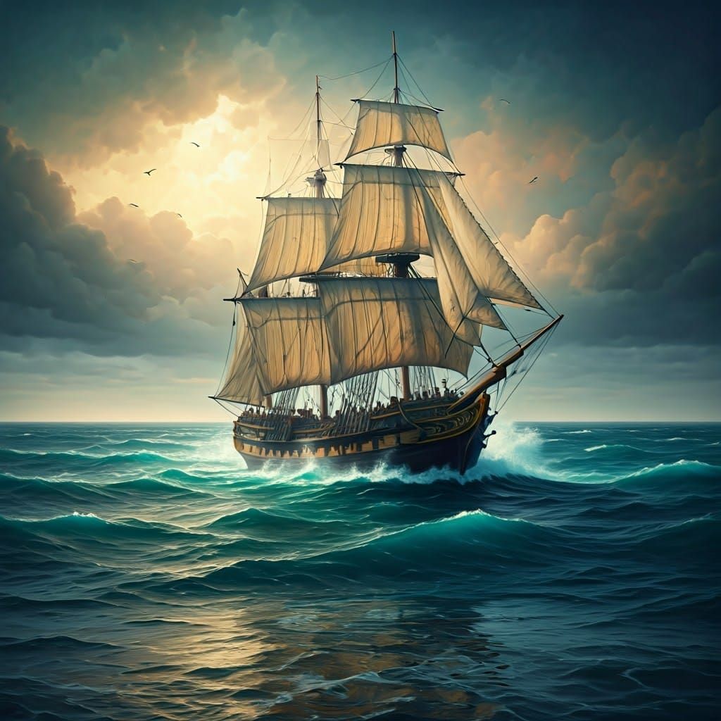 Pirate Ship Emerges from Seascape Painting