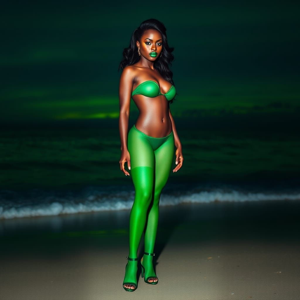 Bioluminescent Beach: Voluptuous Figure with Bold Green Acce...