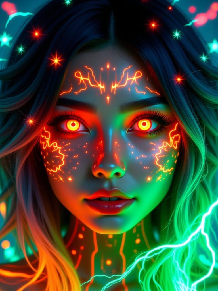 Woman with Neon Circuit Paint and Heterochromatic Eyes