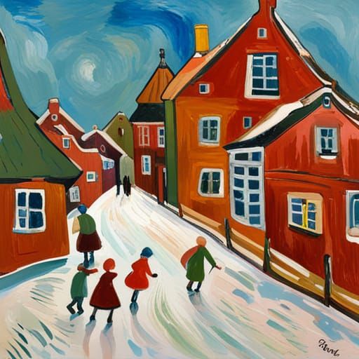 Dutch Village Scene in Impressionist Gouache Style