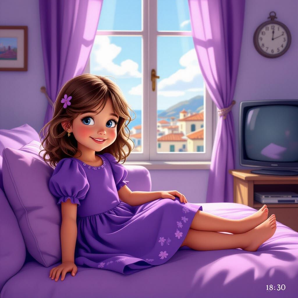 Italian Girl Relaxing on Couch in 80s Cartoon Style