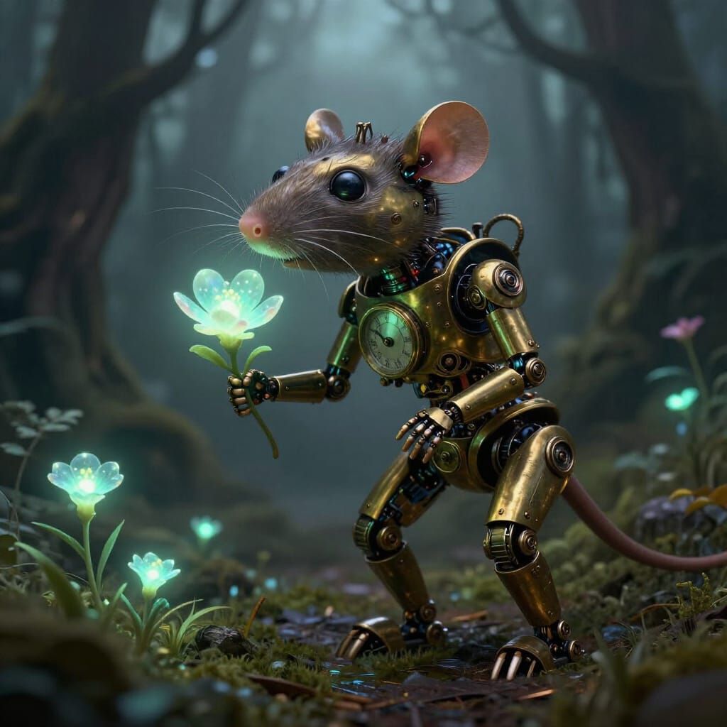 Clockwork Robot Rat in Misty Enchanted Woodland