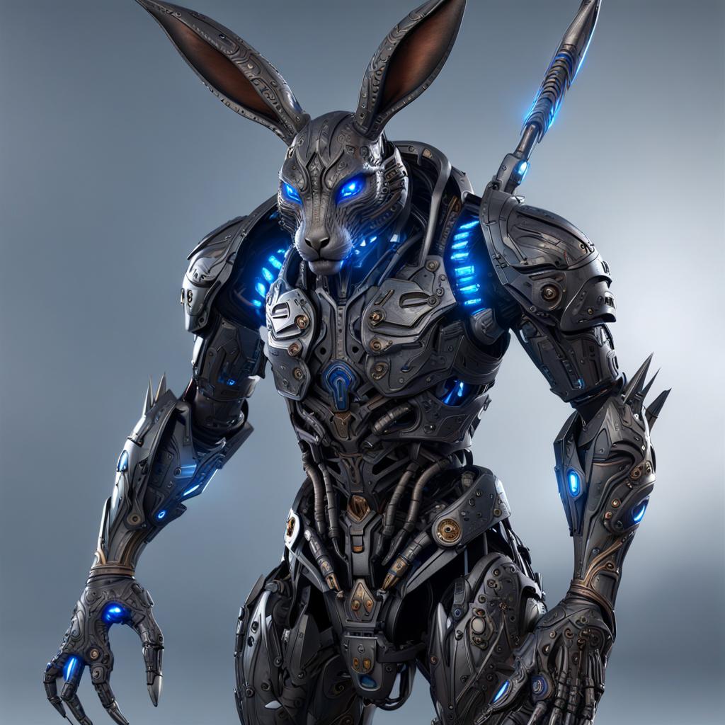 Photorealistic Rabbit Cyborg Warrior in Engineering Workshop