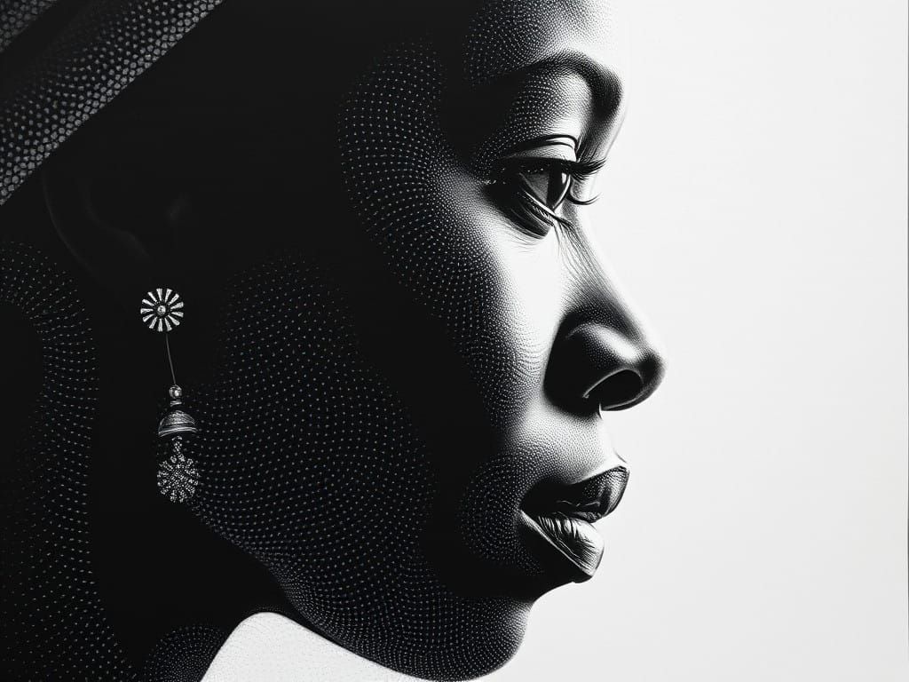 African Woman in Quiet Contemplation, Pointillist Charcoal P...