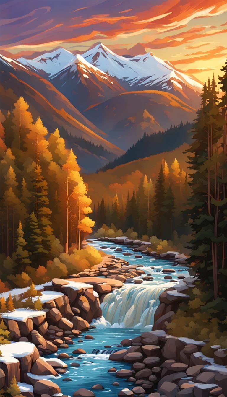 Mountain River Scene with Arcade Bridge