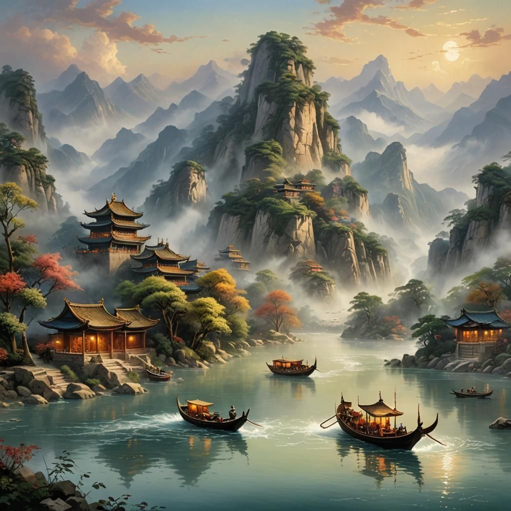 Ethereal Sampan Journey on Chinese River in Kinkade Style