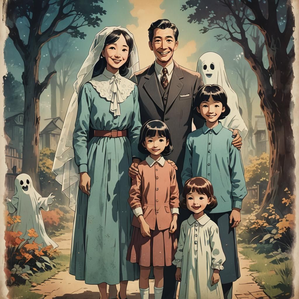 Vintage Family Portrait with Ghost in Anime Style