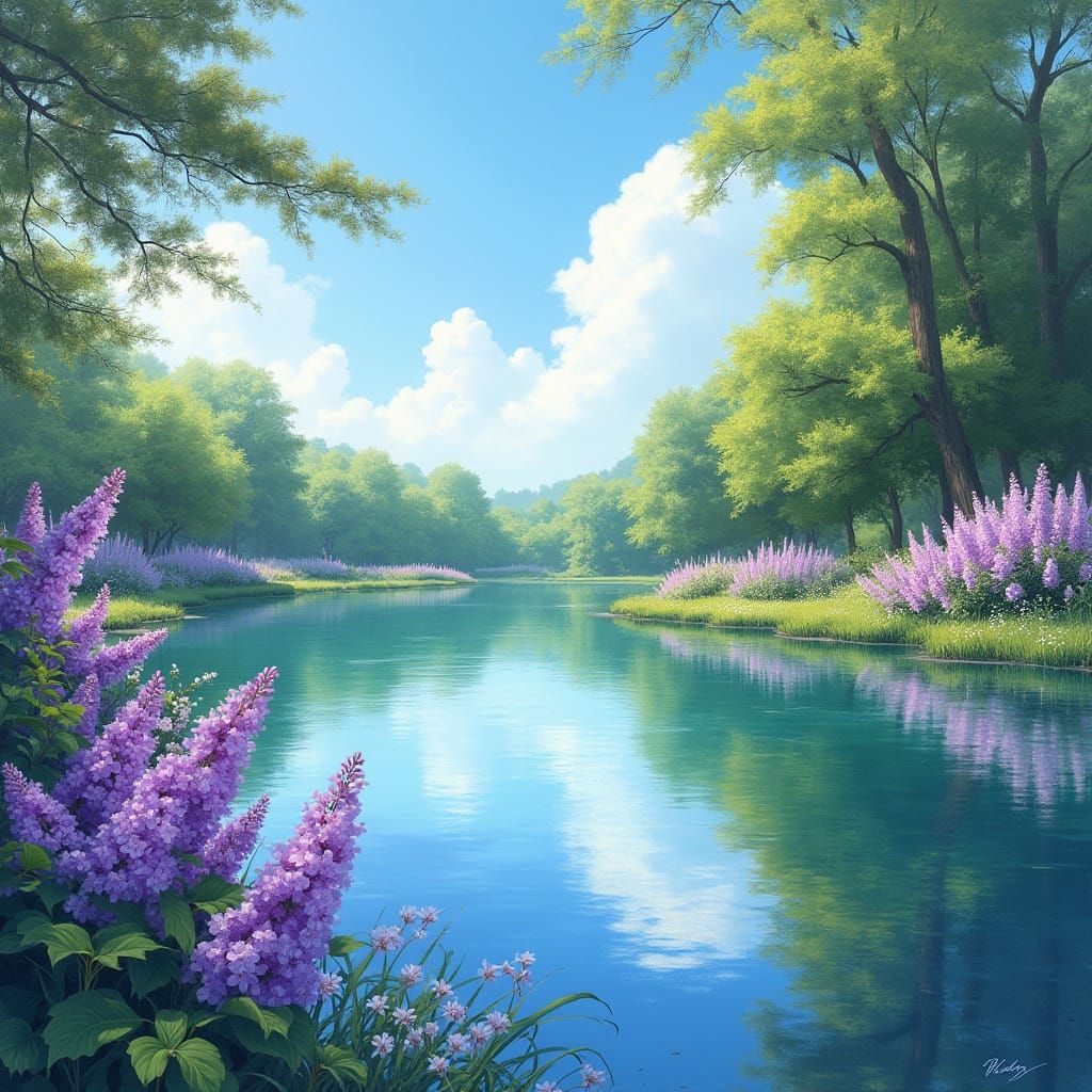 Idyllic Lake Scene in Impressionist Style