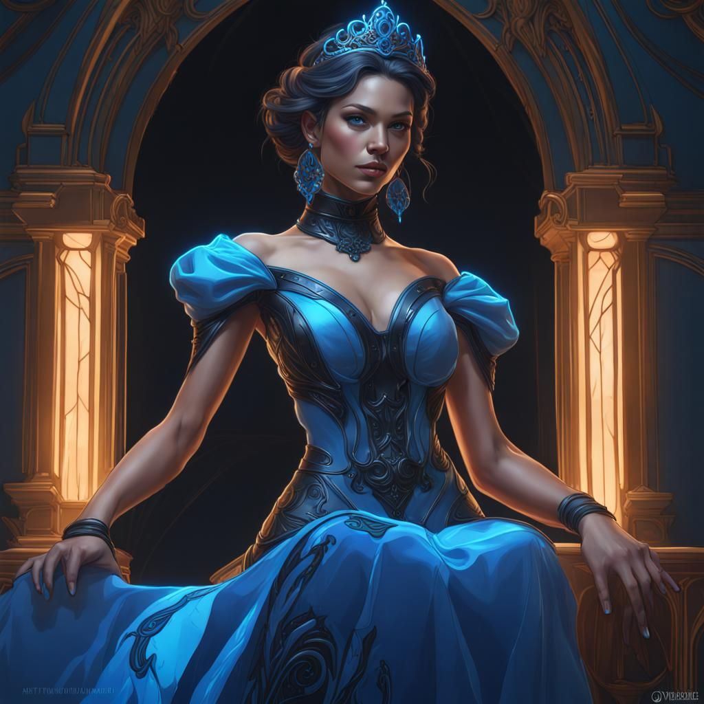 Princess Portrait with Neon Blue Outline in Digital Art