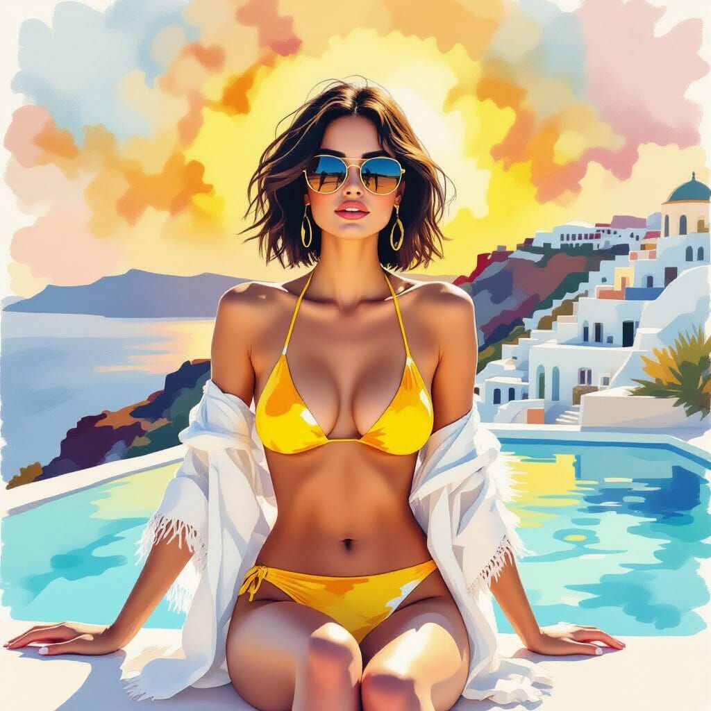 Santorini Poolside Serenity: Woman in Yellow Bikini, Waterco...