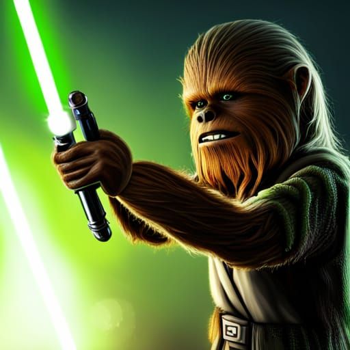 Hyperrealistic Jedi Wookiee with Green Lightsaber