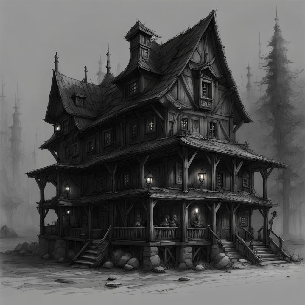 Eerie Roadside Inn: Black and White Dark Fantasy Art