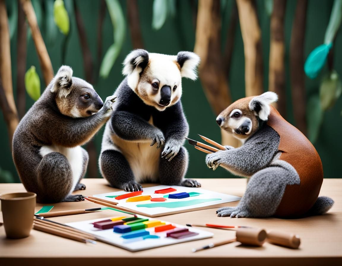 Pandas, Koalas, and Squirrels in Artistic Workshop