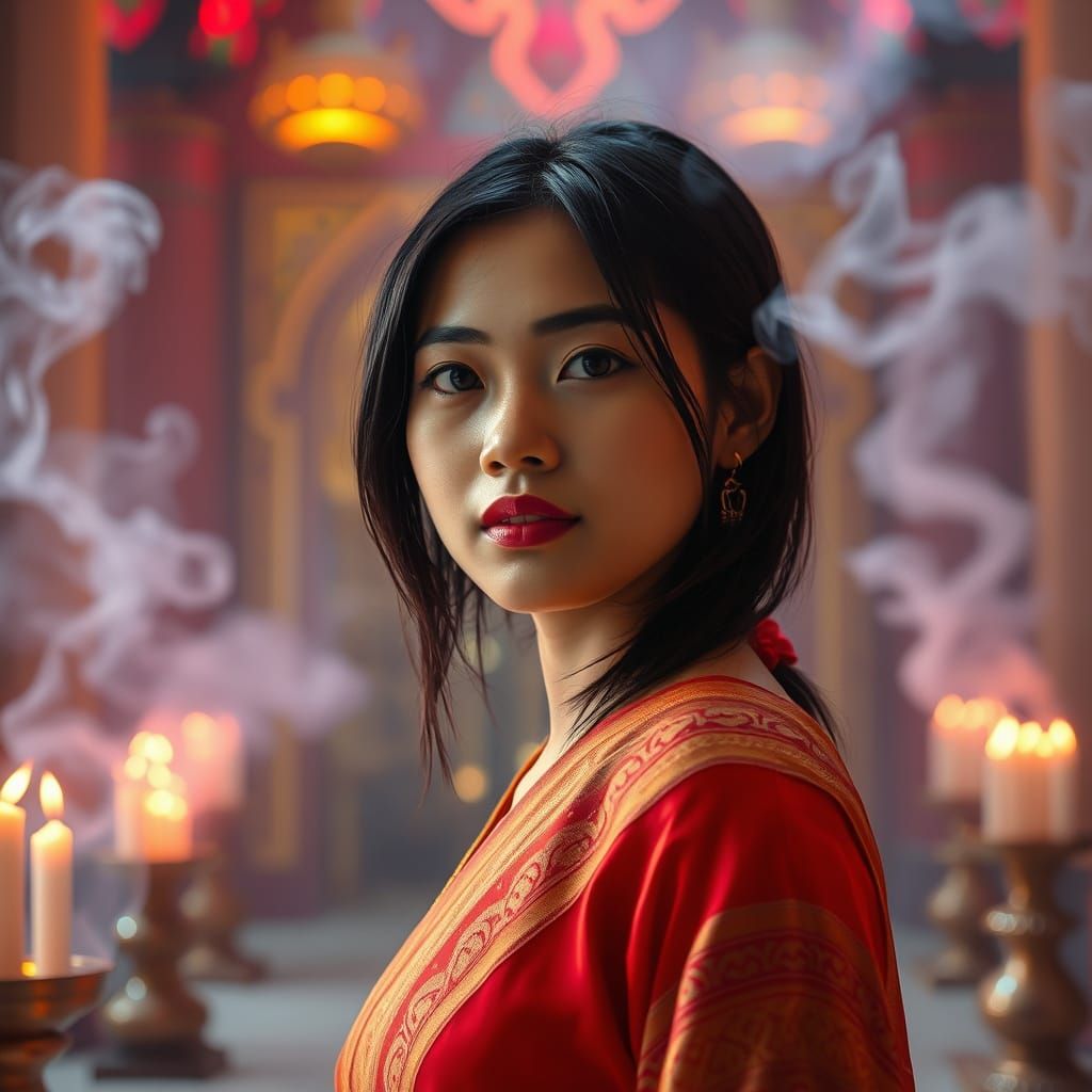 Serene South Asian Goddess in Temple, Cambodia-Inspired Sett...