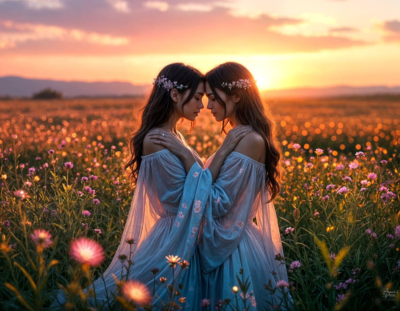 Alien Lovers Embrace in Radiant Floral Field