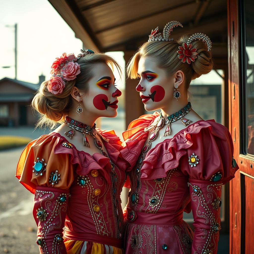 Clowns at Bus Stop in Ornate Gem-Studded Makeup