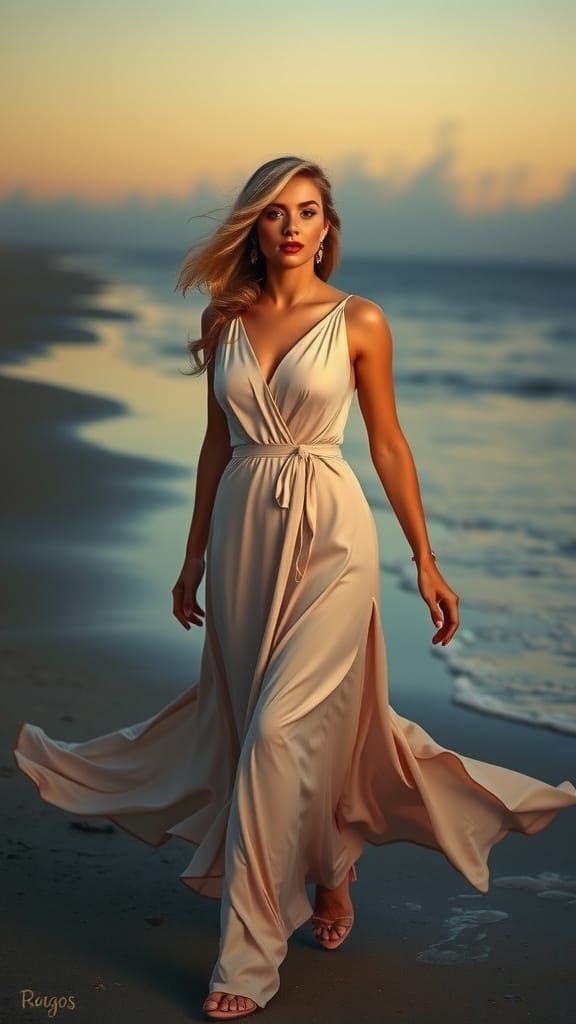 Elegant Woman on Beach at Dusk in Art Nouveau Style