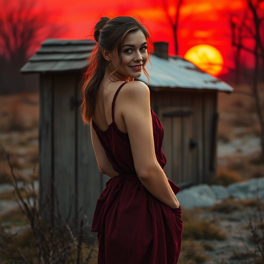 Scarlet Sunrise: Woman by Outhouse, Sinister Art Style